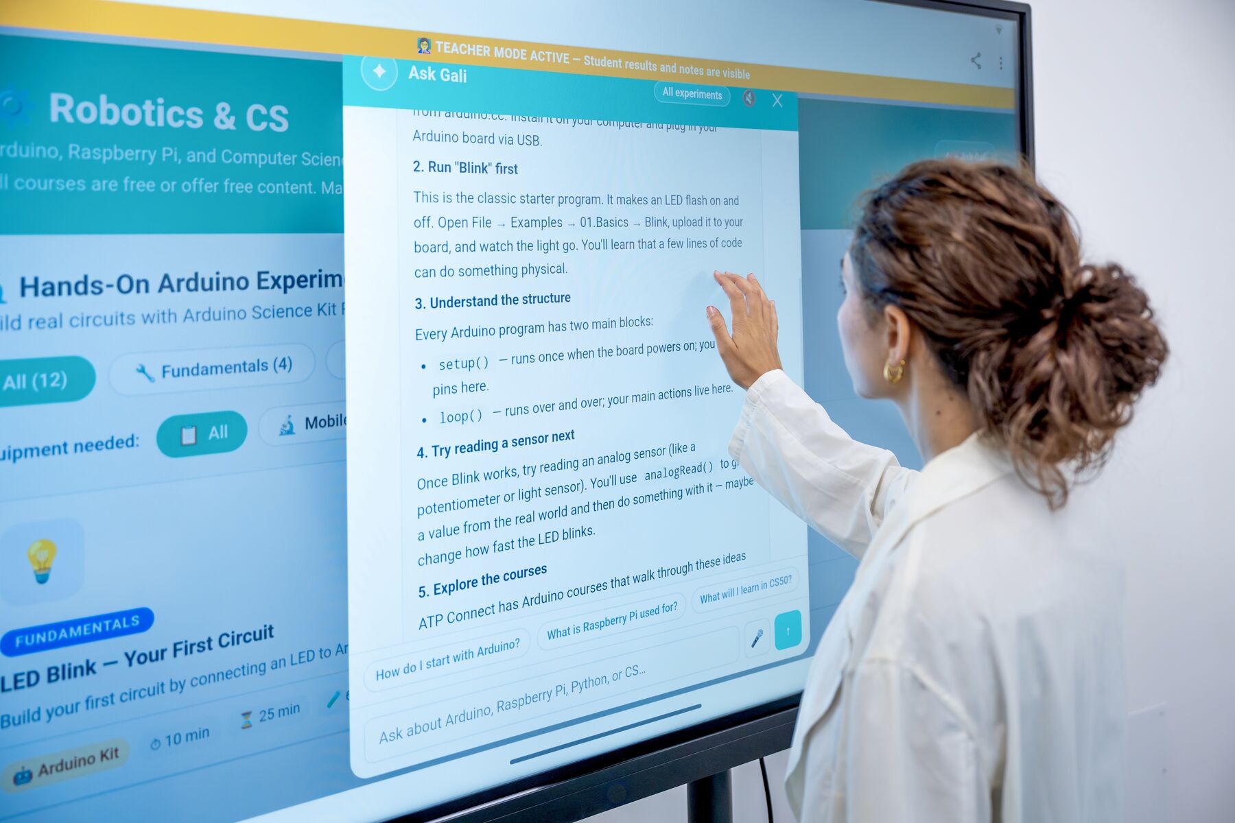 Teacher asking Gali, the AI tutor, on the ATP Connect platform touchscreen